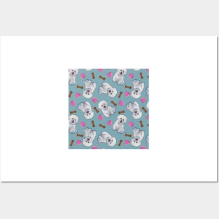 Cute Bichon Frise Pattern on Blue Posters and Art